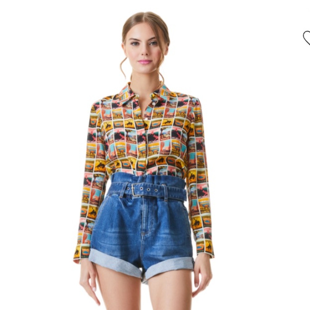Alice + Olivia “Willa” Western Postcard Silk Blouse